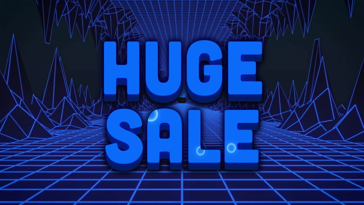 파란색 디지털 동굴 지형 위에 거대한 판매 텍스트의 애니메이션