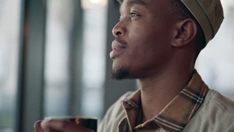 black man, coffee and morning at cafe