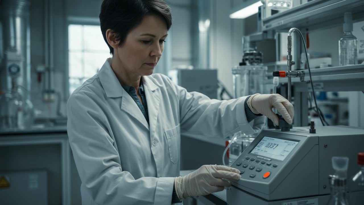 A focused laboratory technician meticulously adjusting an advanced scientific instrument while conducting critical experiments in a modern research facility