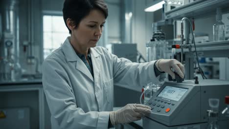 a focused laboratory technician meticulously adjusting an advanced scientific instrument while conducting critical experiments in a modern research facility