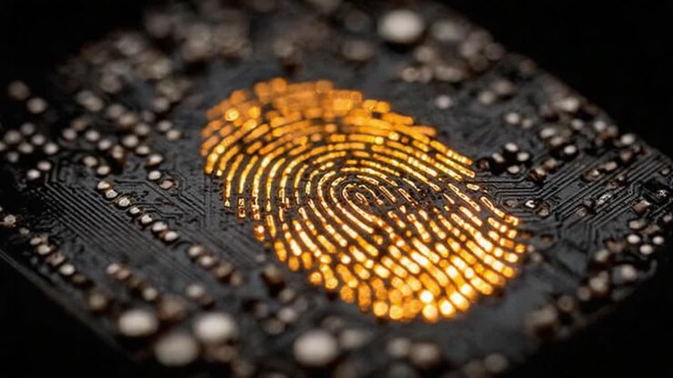 Visualizzazione ravvicinata di un circuito stampato complesso con un design di impronta digitale dorata, che mette in mostra l'intersezione tra tecnologia e verifica dell'identità