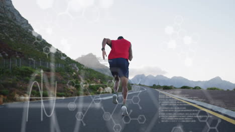 Running-on-road,-athlete-with-molecular-structure-animation-over-mountains