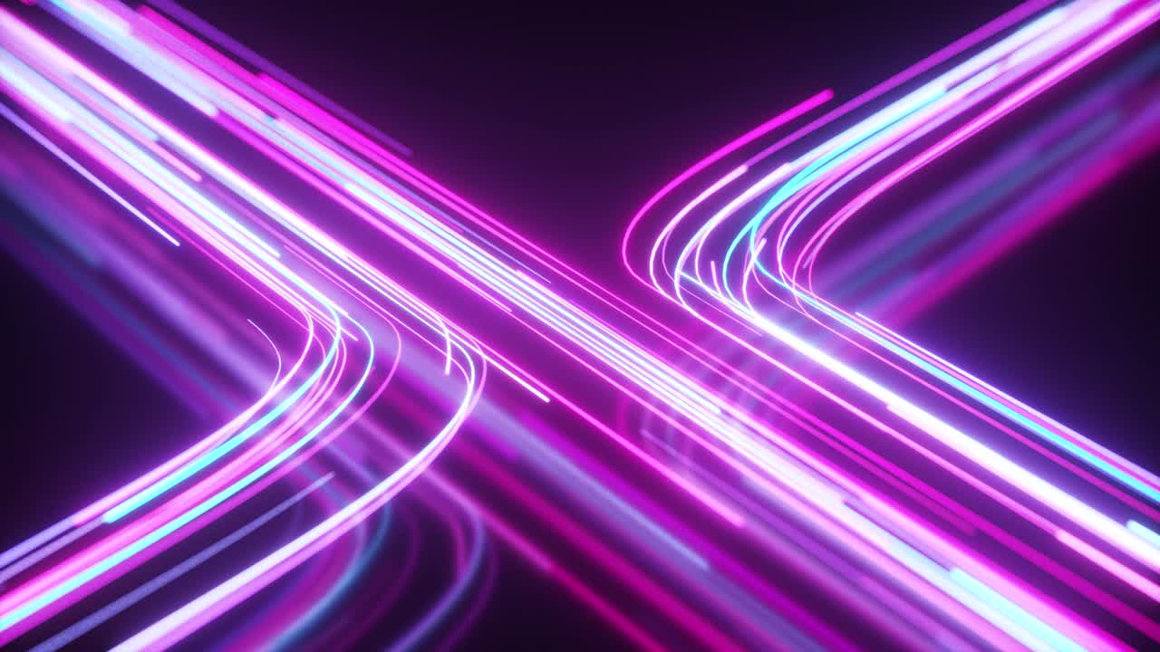Blue and purple neon stream. High tech abstract curve background. Striped creative texture. Information transfer in a cyberspace. Rays of light in motion. Seamless loop 3d render.