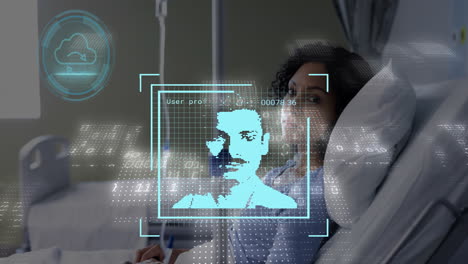 Patient in hospital bed with digital user profile overlay animation