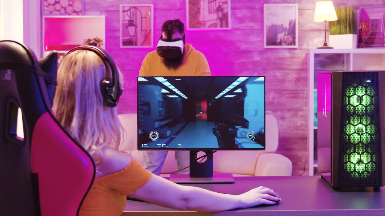 Gamer in Virtual Reality and Playing Video Games