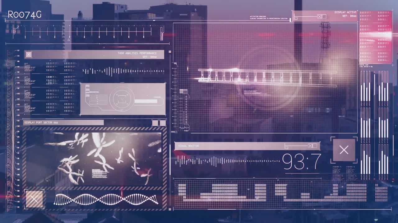 Animation of dna helixes, blood cells, loading bars and computer language over modern city