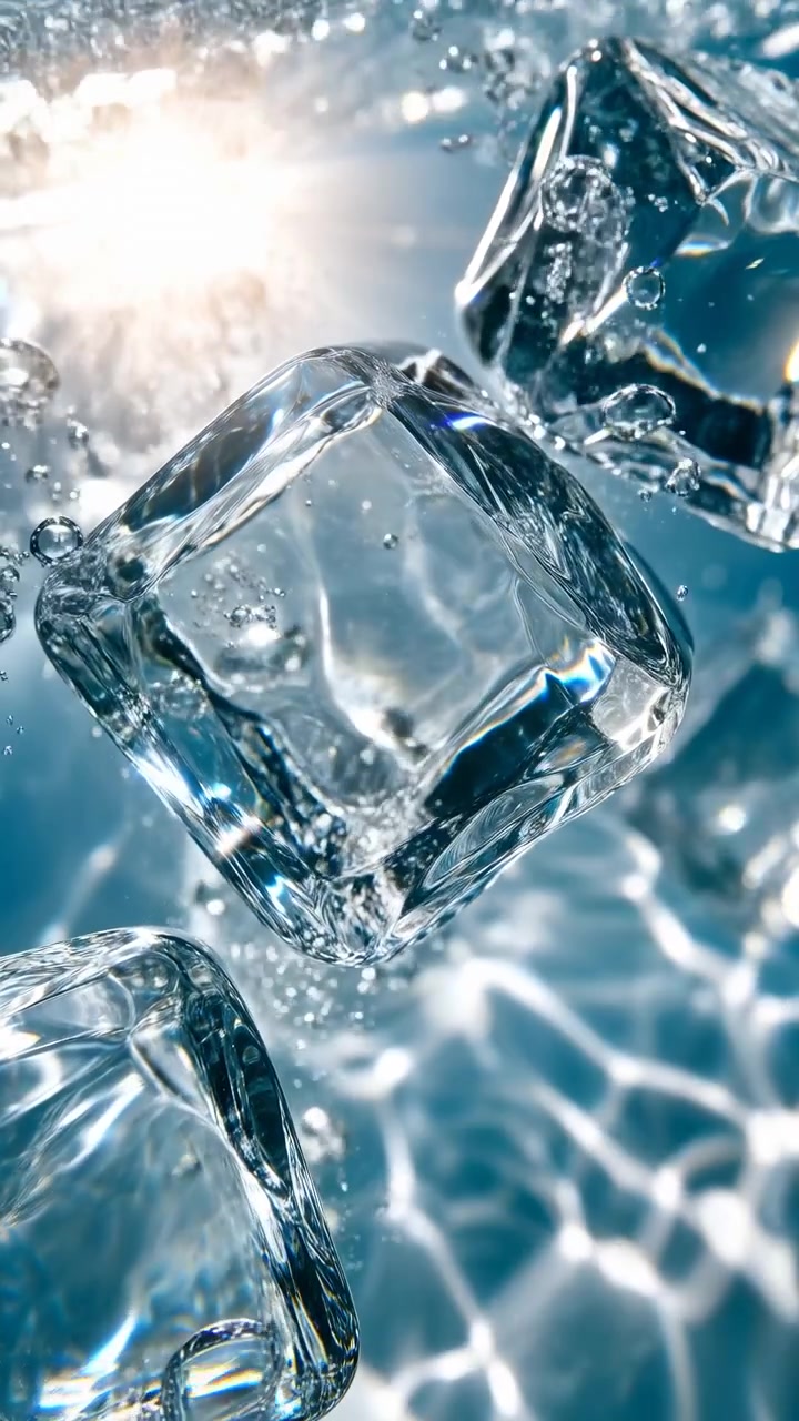 Diversi cubetti di ghiaccio trasparenti si muovono lentamente sott'acqua mentre piccole bolle salgono attorno alle loro superfici sfaccettate, con una forte retroilluminazione che produce riflessi scintillanti e luminosi motivi acquatici.