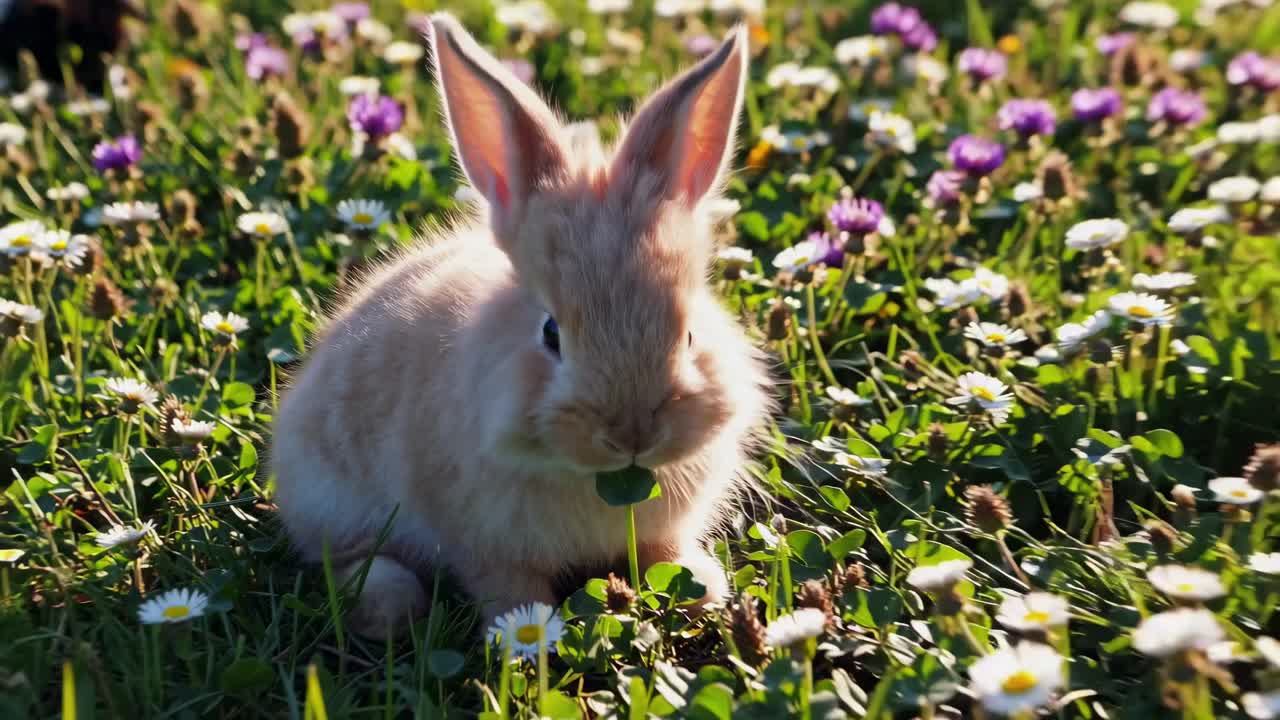 Close-up video shot of a fluffy rabbit in a meadow, surrounded by daisies and clover