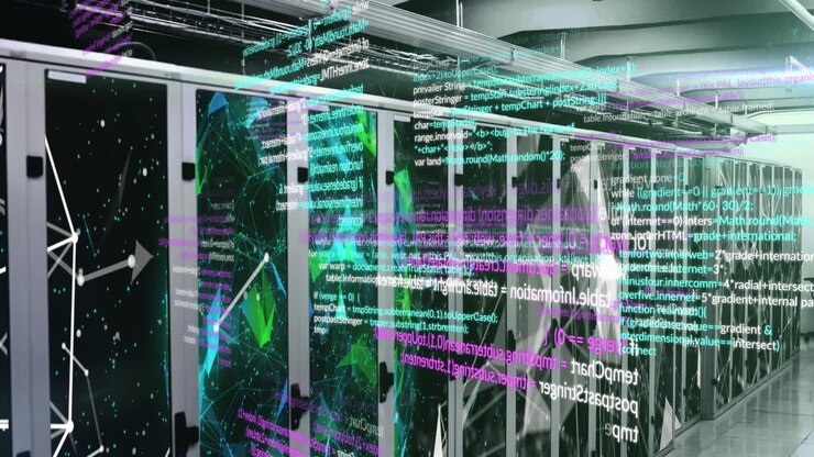 Animation of data processing and shapes over server room