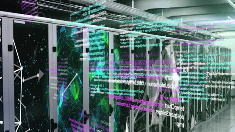 animation of data processing and shapes over server room