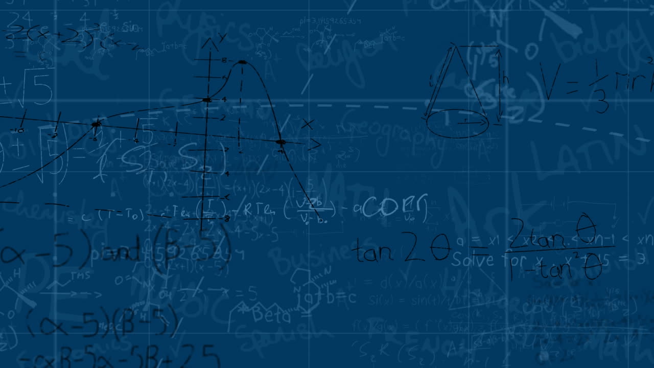 Animation of mathematical equations floating over grid network against school concept texts