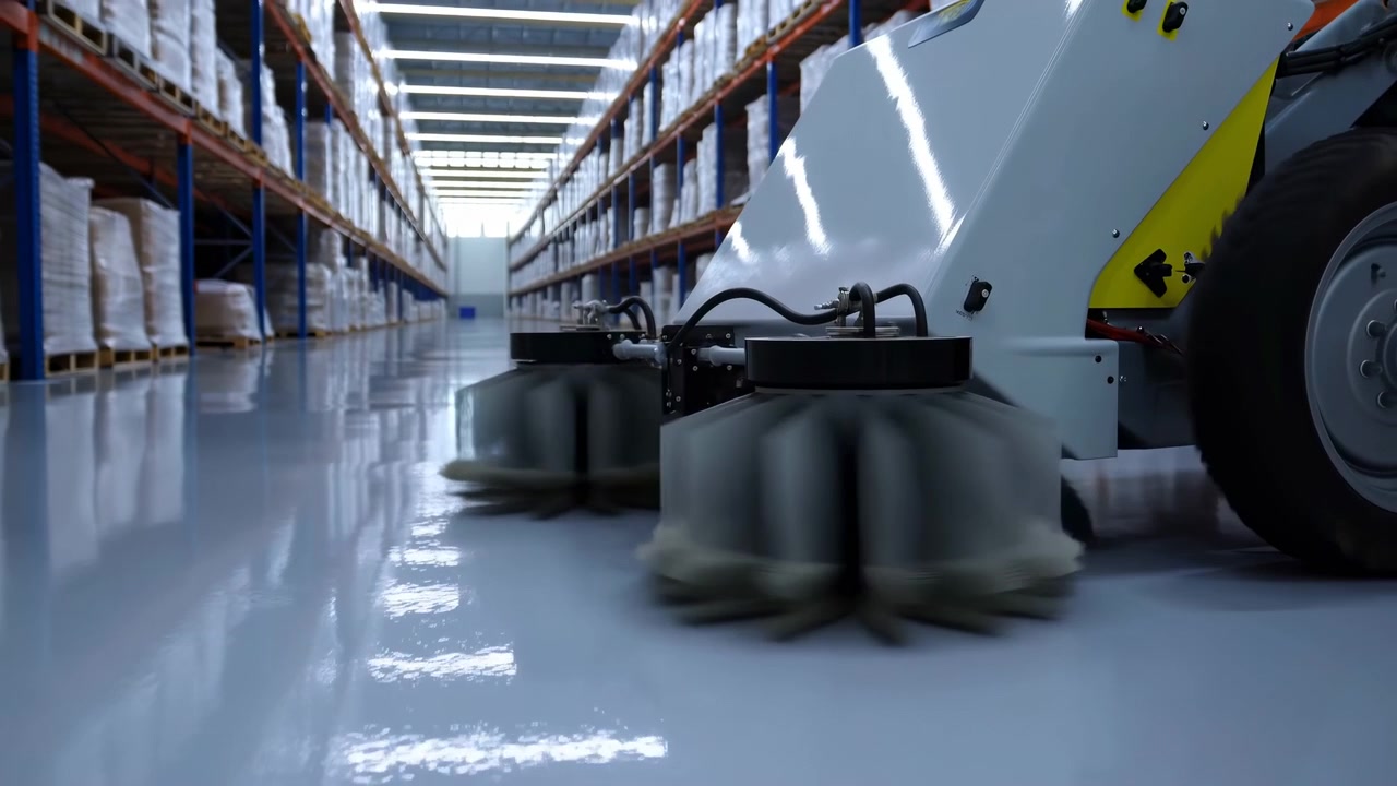 Warehouse interior showing visible action, in industrial warehouse, with forklift, shelves, from a side view perspective, with gray, white accents, and neutral mood, nearby objects.