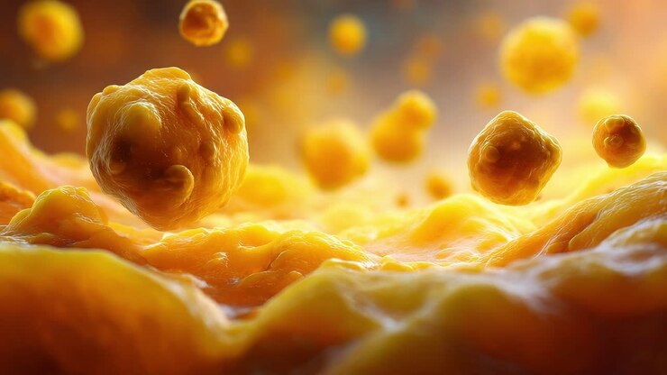 Microscopic View of Vibrant Yellow Particles Creating a Dynamic Scene of Movement and Energy in a Fluid Environment