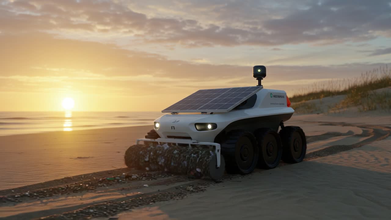 A Solar-Powered Cleaning Robot Navigating Sandy Beaches at Sunset, Collecting Waste while Promoting Environmental Conservation and Sustainability Efforts