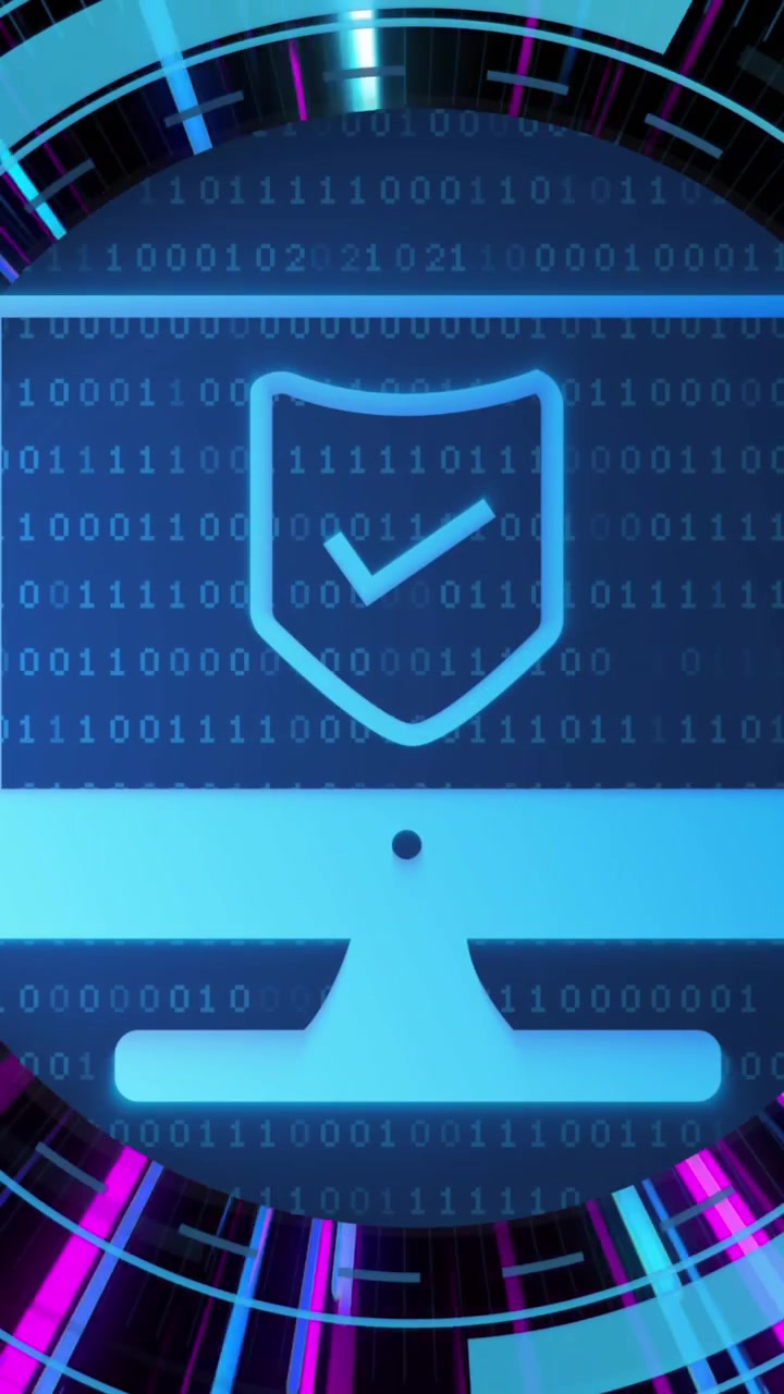 Animation of scope and computer with ceber security icons over pink and blue neon light trails