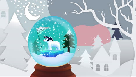 Animación-De-Adornos-Navideños-Con-Globos-De-Nieve-Sobre-Un-Paisaje-Invernal.