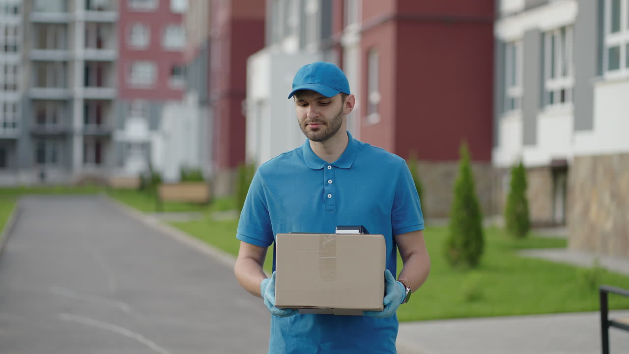Blue delivery man send a package to customer on before deliver cargo. 4k resolution and slow motion shot. Male postman with parcel in hands at city street. Postal concept. Delivery service.