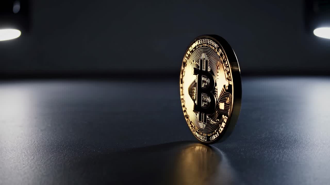 Close-up video of a Bitcoin standing on a reflective surface, illuminated by side lights
