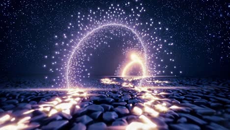 a mesmerizing video scene with a low-angle view of glowing arches and starry sky