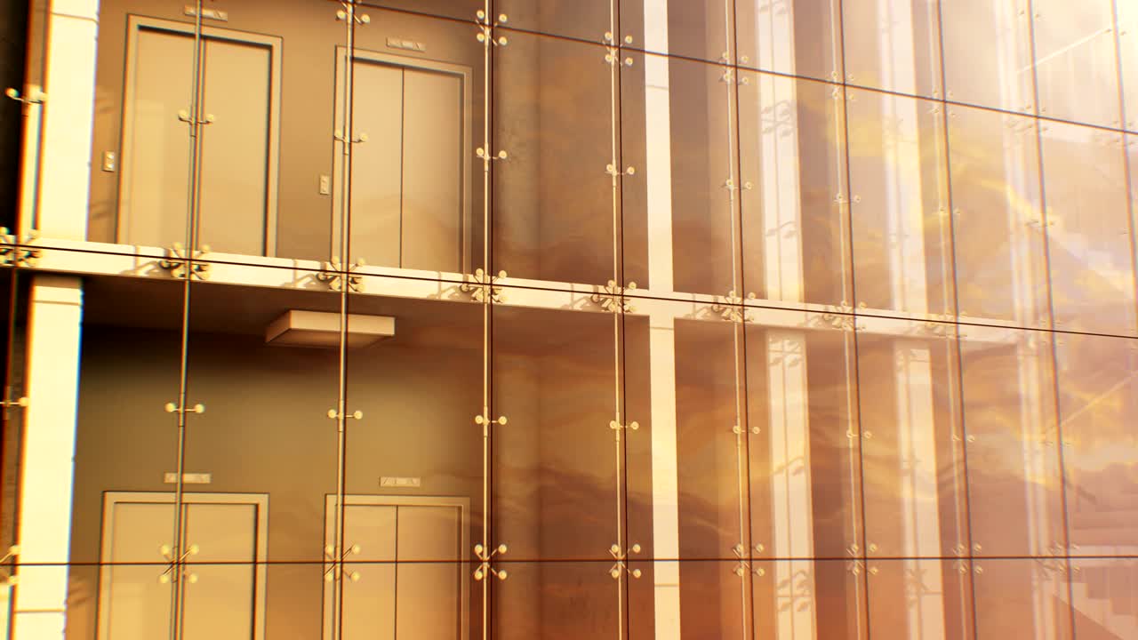 беспрепятственное движение на абстрактном фасаде небоскреба с отражением заката на небе. 3d-анимация современного здания бизнес-центра.