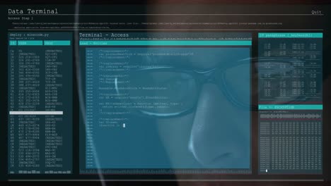 Animation of data processing on computer screens over male hacker in hood
