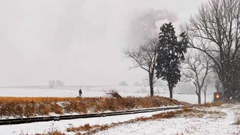 a man walking his dogs by a rail road track as a steam engine approaches in a snow storm