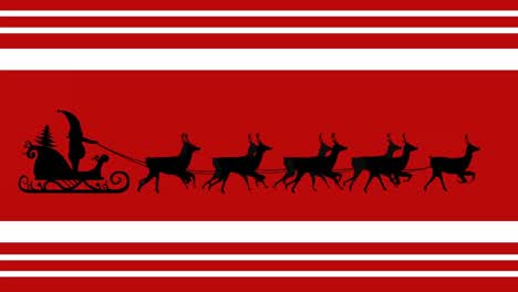 animation santa claus in sleigh with reindeer moving on red striped christmas background