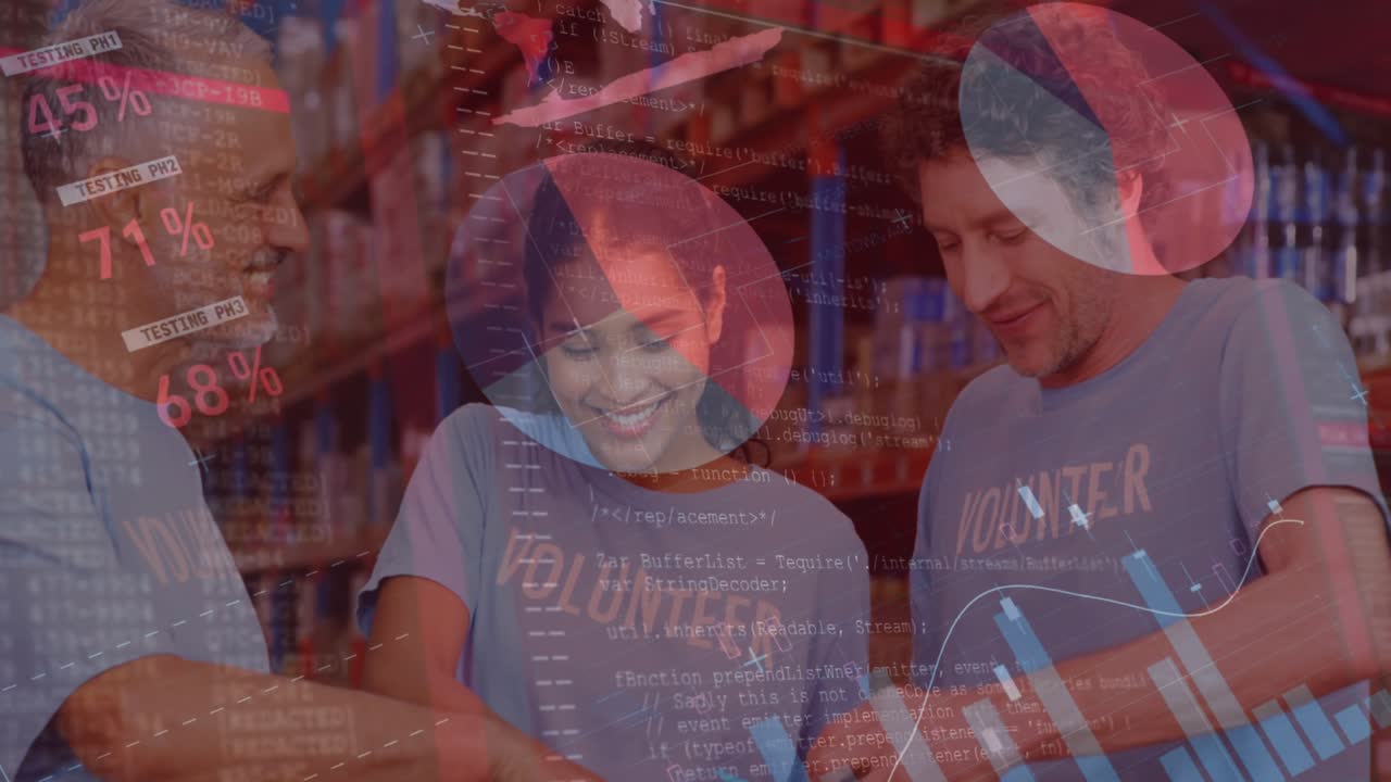 Animation of data processing over diverse male and female volunteers opening donation box