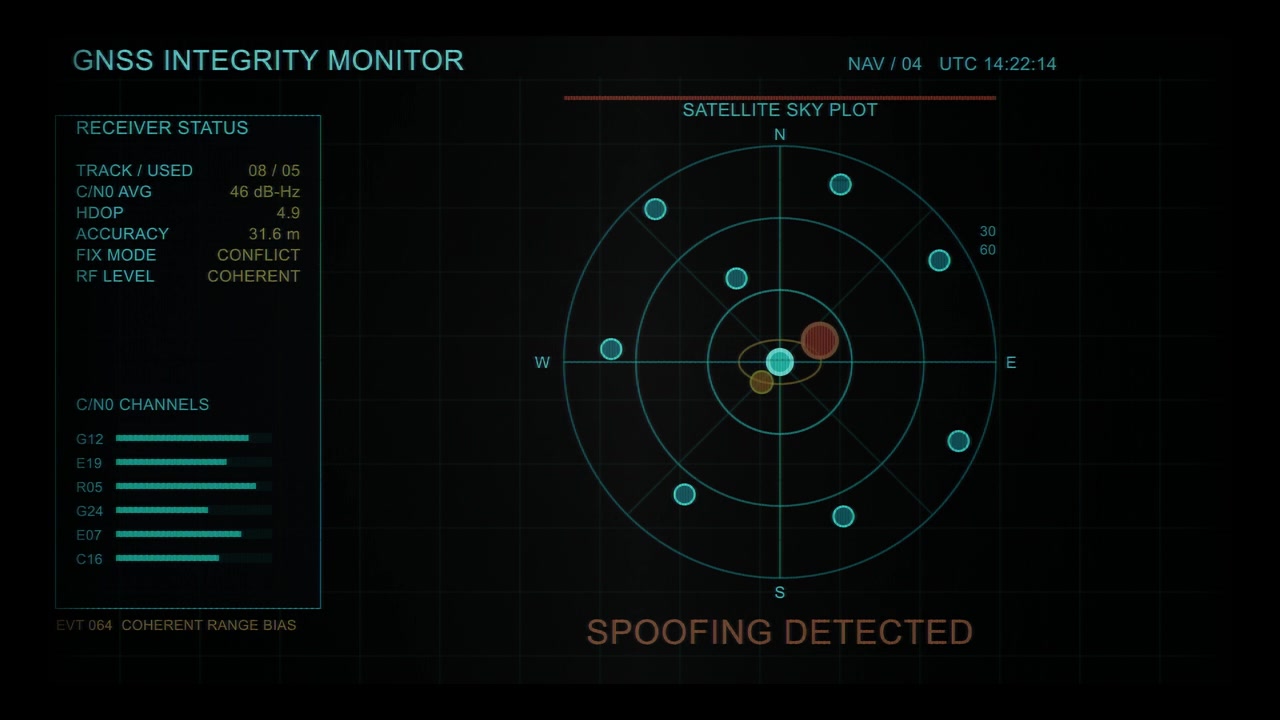 Il monitor di integrità GNSS mostra lo stato della posizione satellitare che degrada da bloccato a inaffidabile durante un tentativo di jamming. L'interfaccia di cybersecurity mostra avvisi di conflitto di origine per il sistema di navigazione