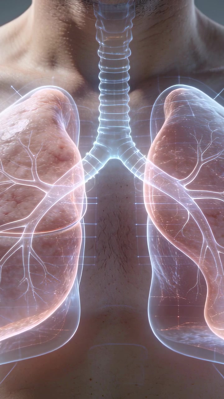 Video verticale: Trachea e bronchi illuminati su uomo a torso nudo che mostra una sovrapposizione polmonare pulsante per dimostrazione