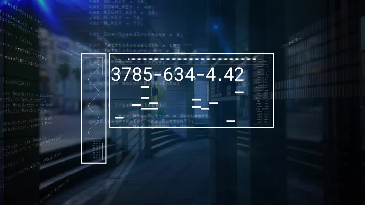 Animazione di elaborazione dati numerici su schermo su luci blu e codifica