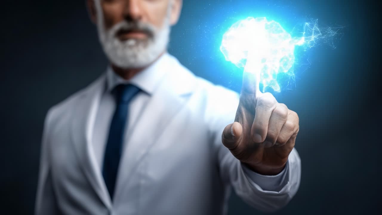 A Scientist Manipulating a Glowing Digital Brain Concept with His Finger, Illustrating Advanced Technology and Innovative Ideas in Artificial Intelligence