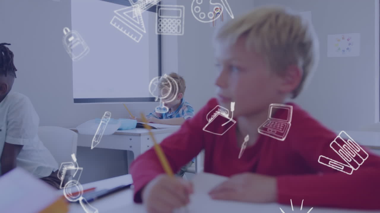 animación de iconos escolares sobre escolares caucásicos que trabajan en clases diversas