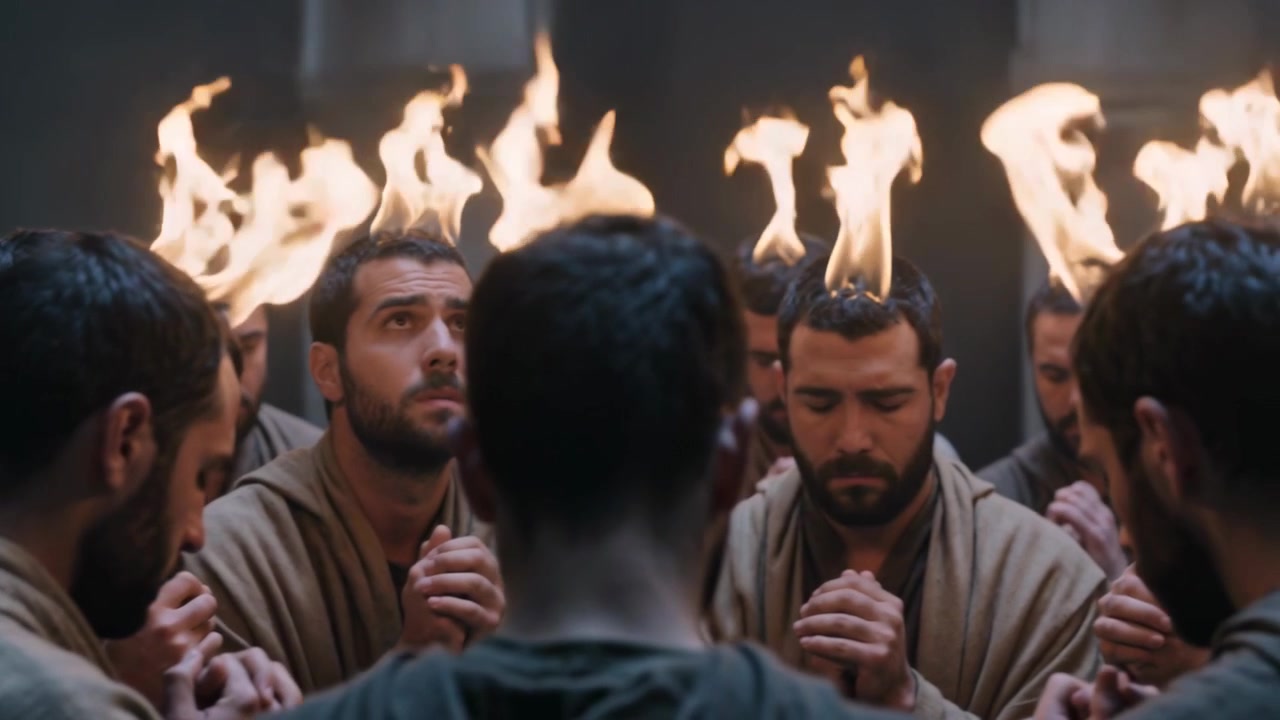 Lifting robed man raising gaze, keeping clasped hands, igniting flames above heads in ritual hall