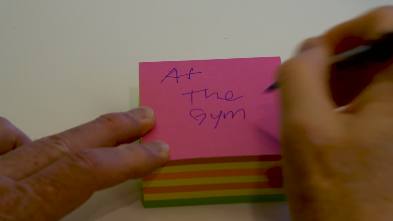 Hand seen writing, "At the Gym" on a pink, sticky, post it pad and then tearing off the top sheet - isolated close up