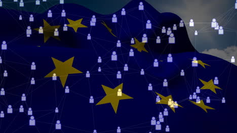 network of connected people icons animation over european union flag