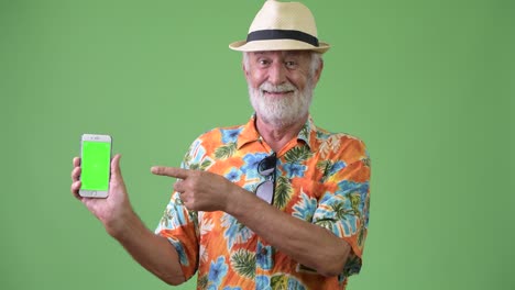 handsome senior bearded tourist man ready for vacation against green background