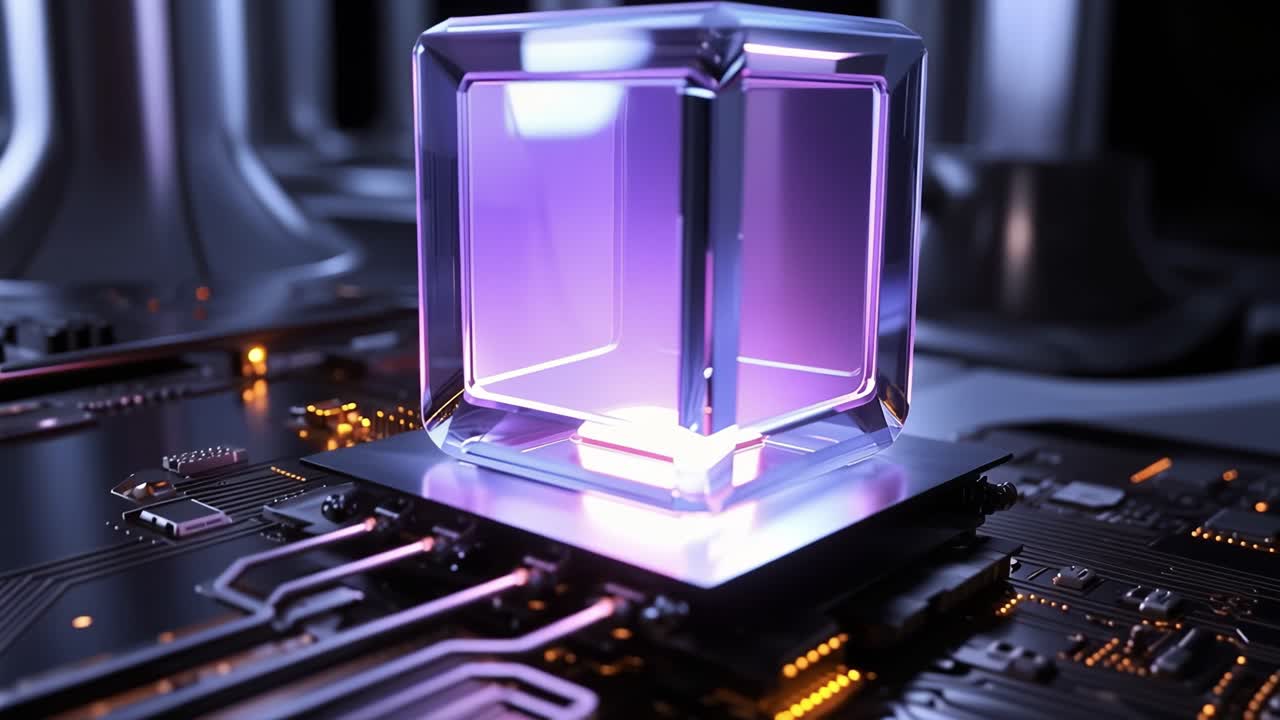 Purple glow illuminates a futuristic cube. It rests atop a complex circuit board. Dark background emphasizes the glowing tech. Sci-fi ambiance suggests advanced innovation