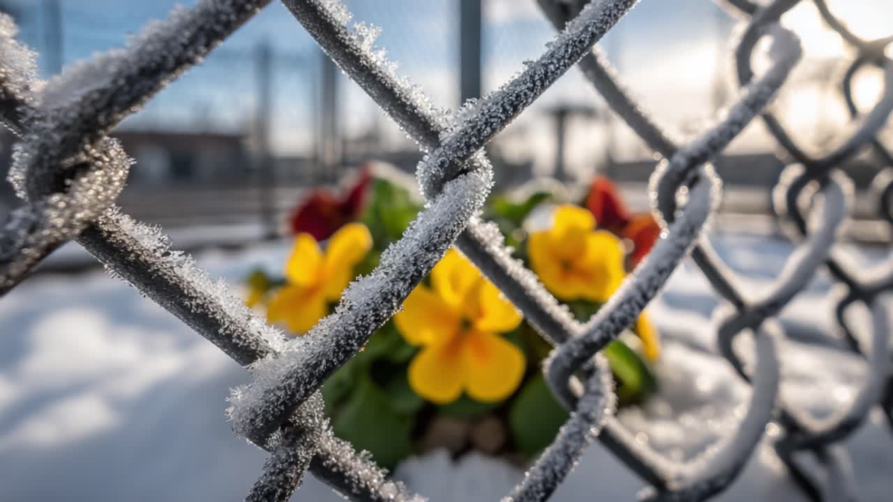 A Captivating Winter Scene with Frosted Chain Link Fence Framing Vibrant Yellow Flowers Amidst a Dusting of Snow and Frosty Surroundings in the Late Evening Light