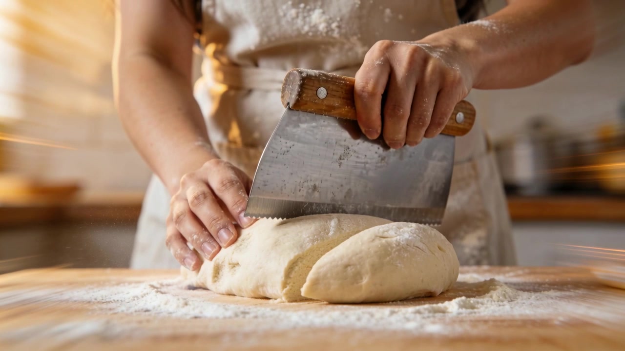 Positioning bench scraper, cook's hands slicing risen dough on flour board for baking, floury apron