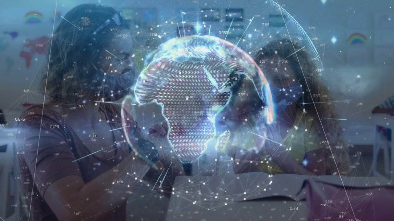 Vertical video: Pointing teacher guiding child with book at school table, teaching, globe appearing