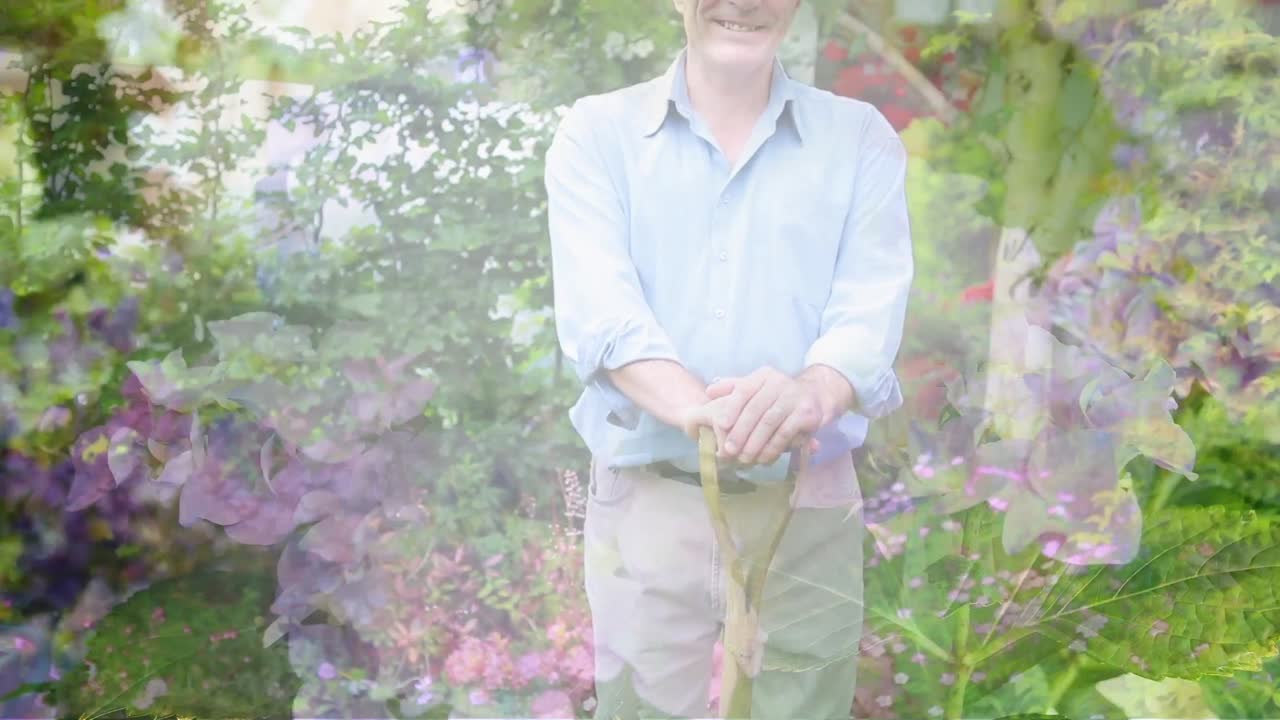 Composite video of plants against caucasian senior man standing with a shovel in the garden
