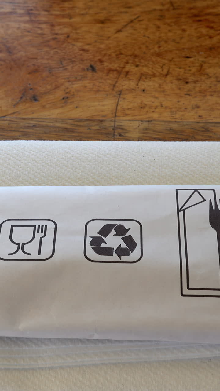 Close up of signs on biodegradable, packaged disposable cutlery. Vertical