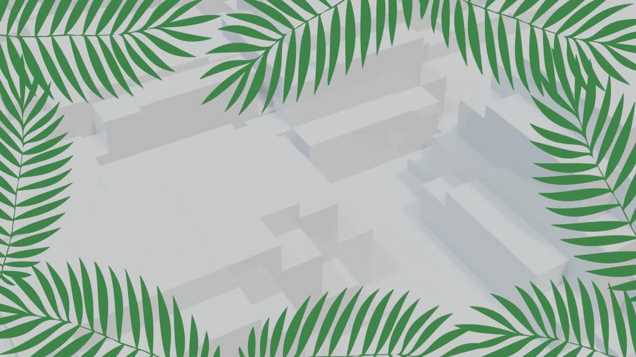 Animation of green tropical plants over shapes on white background