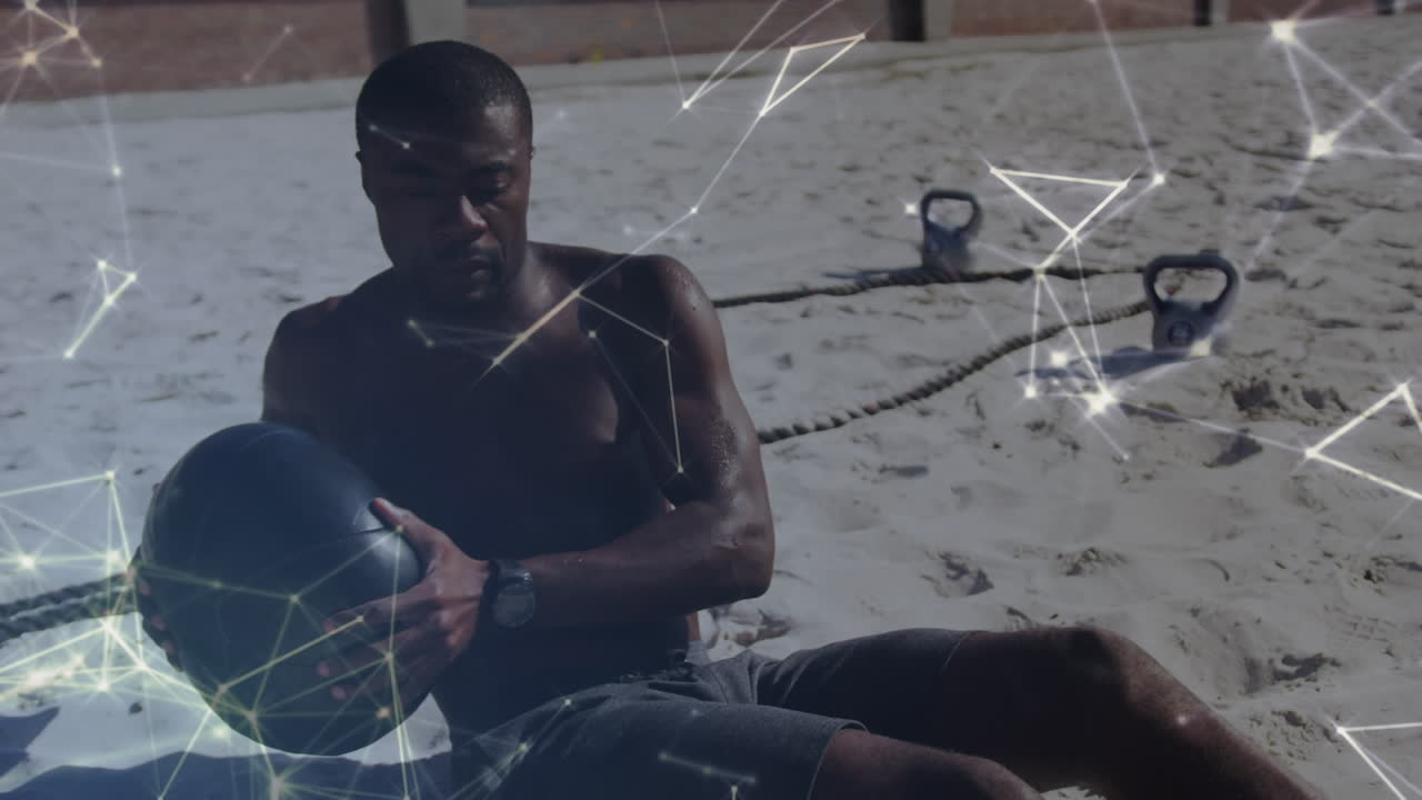 Animation of network of connections over an exercising african american man