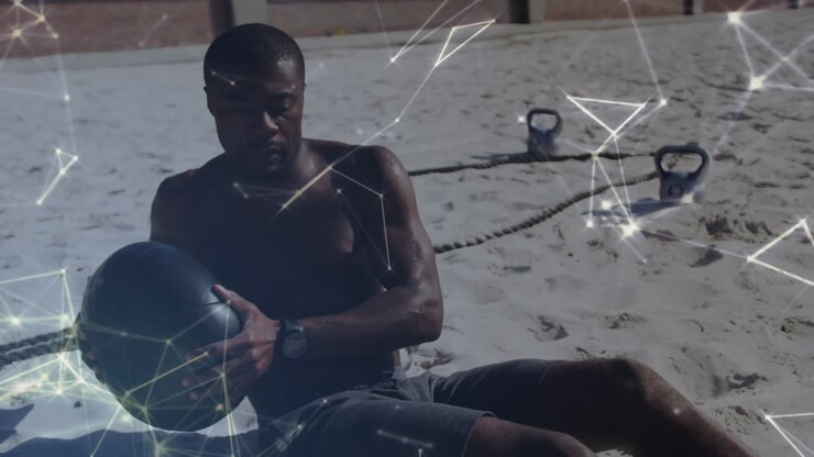 Animation of network of connections over an exercising african american man