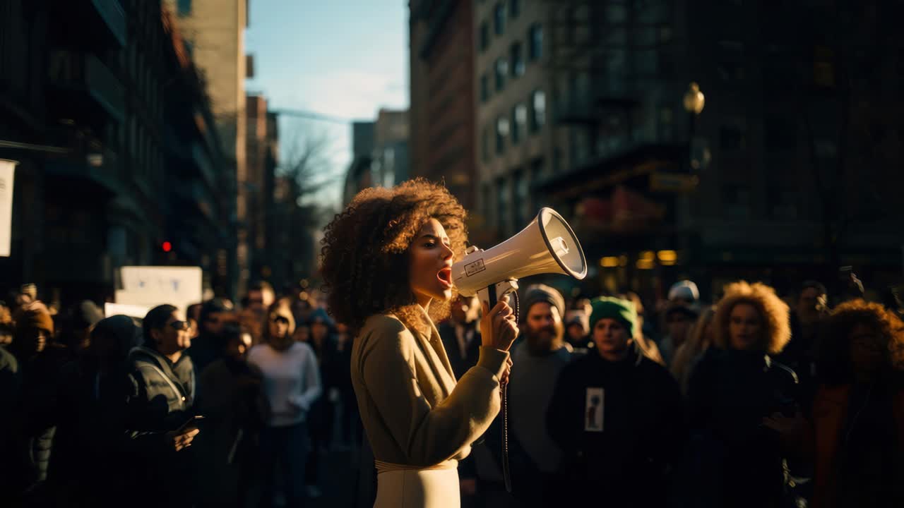 A dynamic street-level video captures a woman with a megaphone leading a crowd in an urban protest
