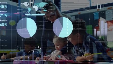 animation of infographic interface over diverse female teacher helping students in classroom