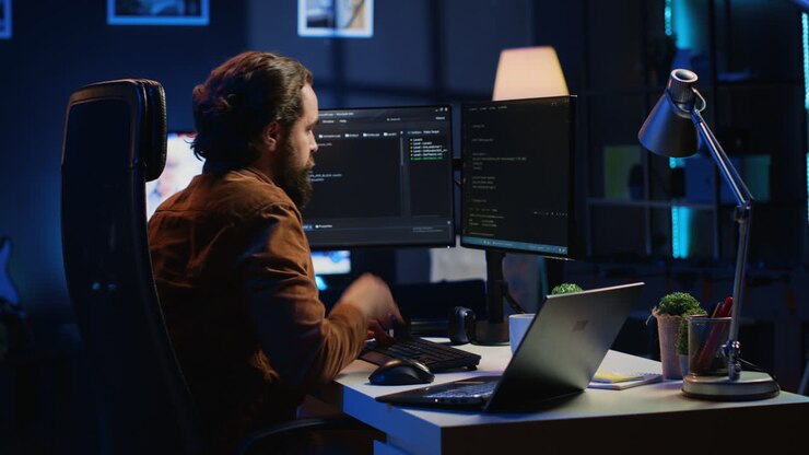 IT developer pressed by deadline, drinking coffee and doing multitasking