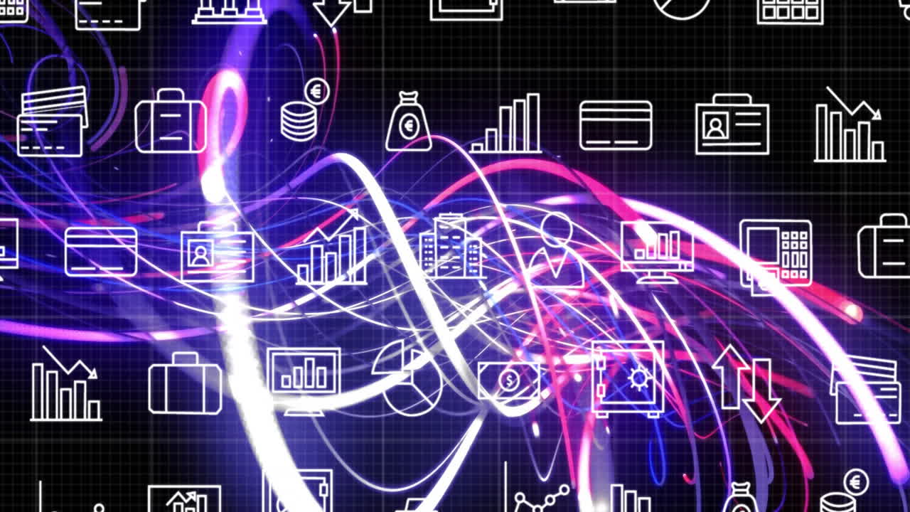 Neon light trails weaving across dark grid, overlaying white finance icons in animated illustration